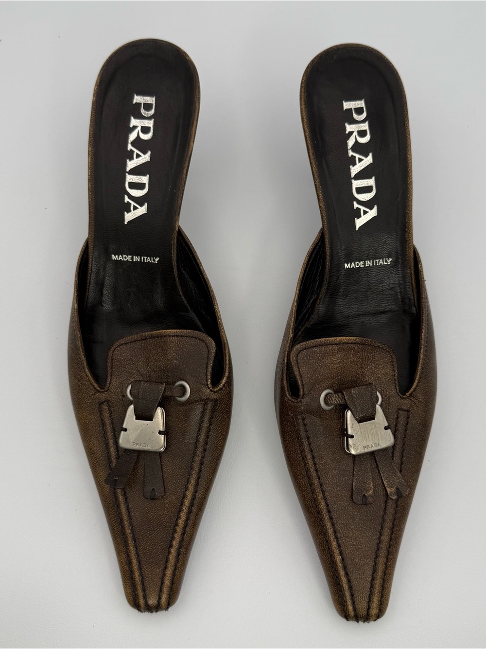 Vintage Prada Bronze Brown Leather Kitten Heel Mule Slides Sz 35.5 Made in Italy - Picture 3 of 17